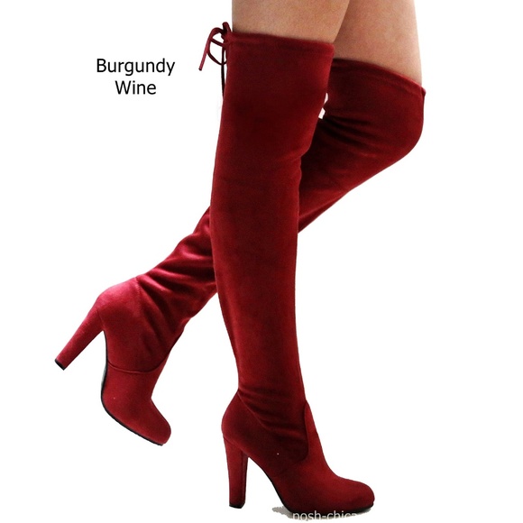 Wine Stretchy Over the Knee Drawstring Heel Boots - Picture 1 of 2